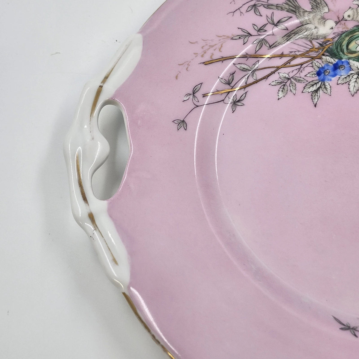 Pink Porcelain Cake Plate Birds Nest Blue Flowers Gold Handles 10.5" Antique