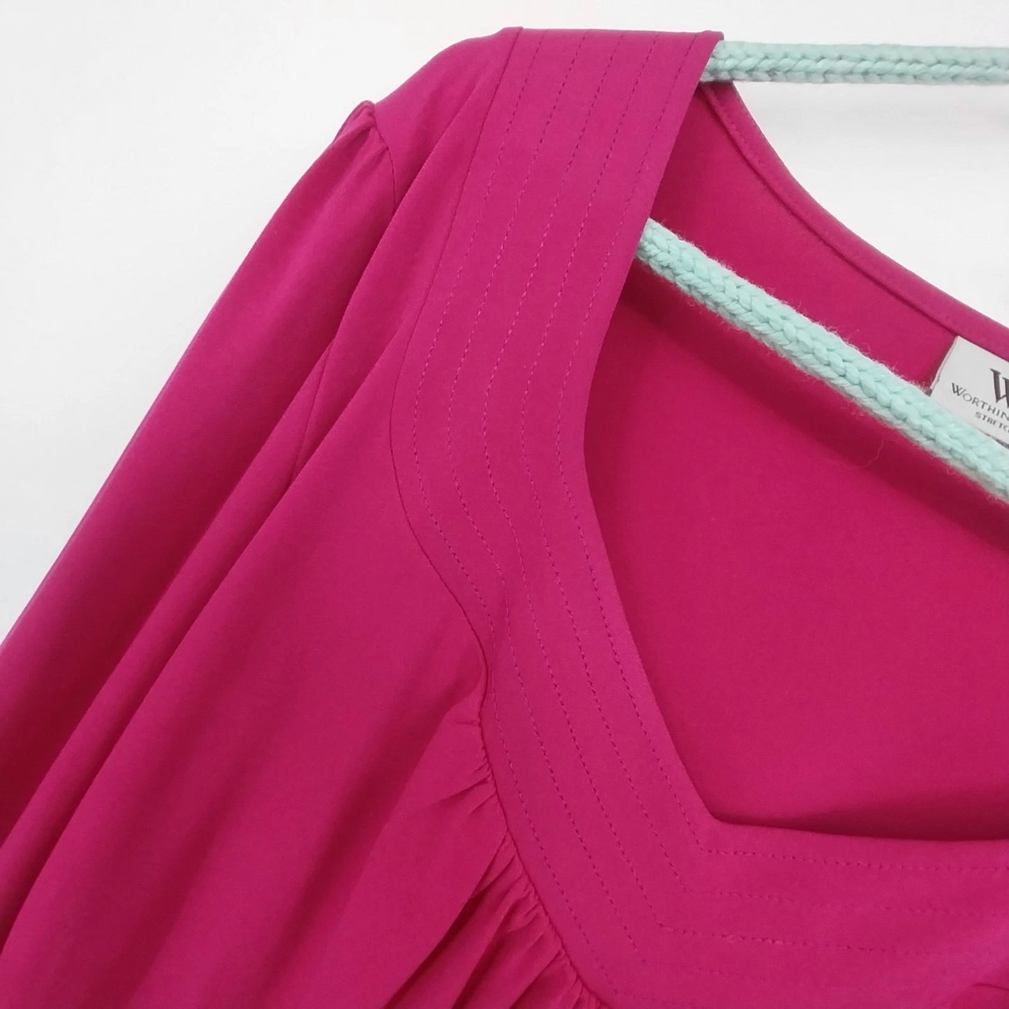 Worthington Pink Gathered Front Blouse Women Med Stretch V Neck Top Long Sleeve
