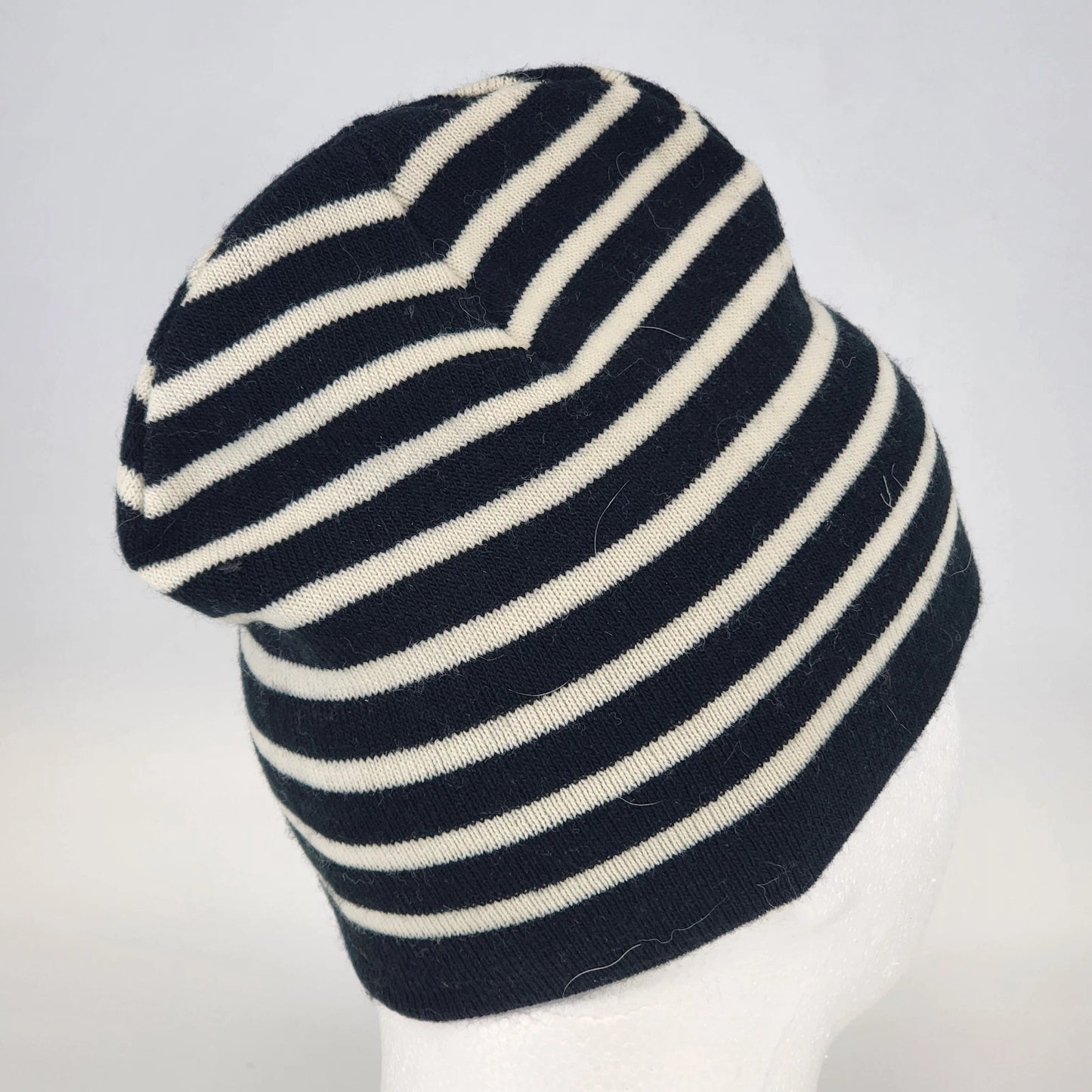 Black White Striped Knit Beanie Hat One Size Unisex Handcrafted Style Winter Cap