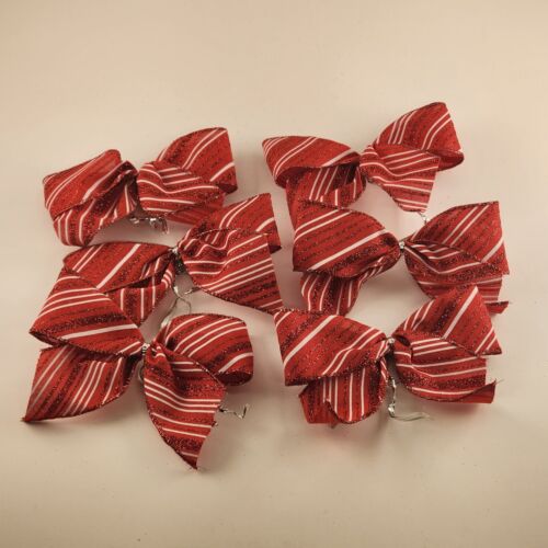 6 Red and White Striped 2 Loop Christmas Bow Decorations 5.5" Wide Glitter Ties