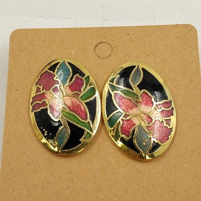 Gold Tone Cloisonné Enamel Oval Earrings Pink Green Floral Black Push Clasp