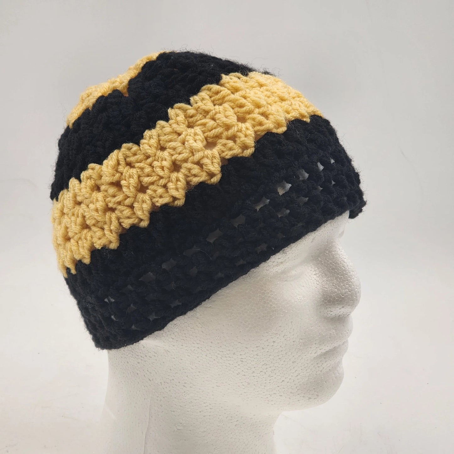 Handmade Crochet Messy Bun Beanie Hat Black Yellow Striped Ponytail Cap Medium