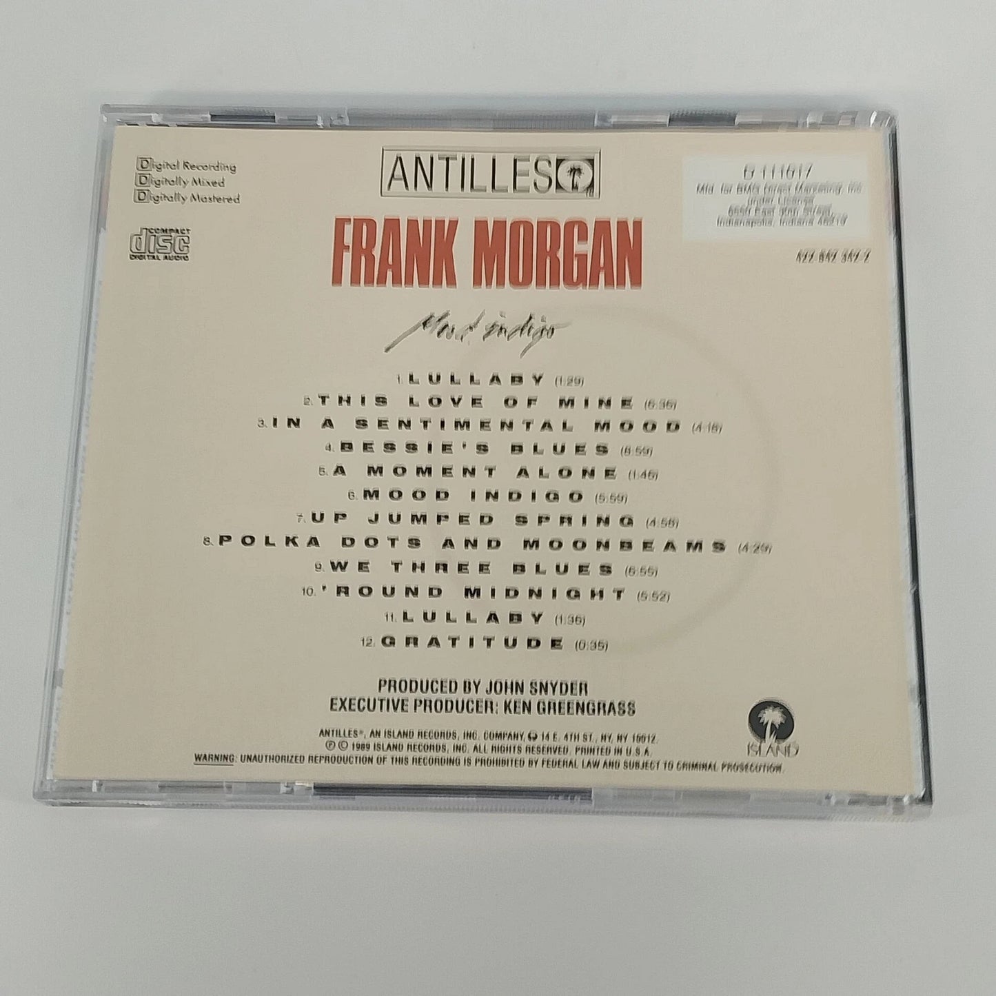 Frank Morgan Mood Indigo CD 1989 Island Antilles Jazz Hard Bop Album Saxophone
