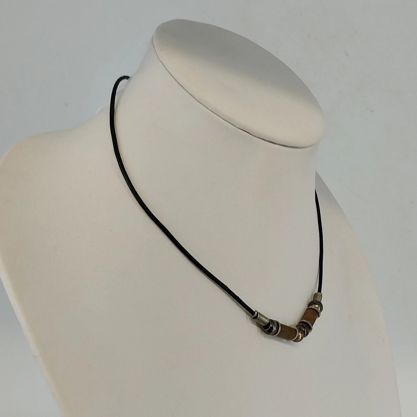 Liska Bali Black Leather Cord Necklace Wood Metal Beads Hook Clasp 17" Bohemian
