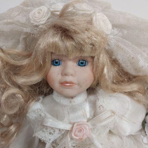 Soft Expressions Porcelain Doll Wedding Dress 12" Tall Curly Blonde Hair