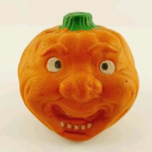 2.5" Halloween Pumpkin Russ Crazy Face Squishy Rubber Jack O Lantern Vintage