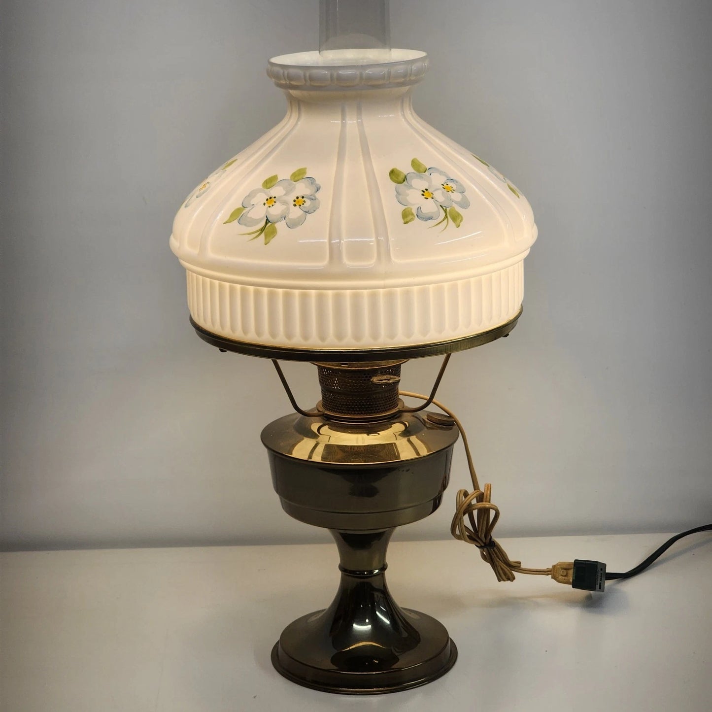 Aladdin Kerosene-Electric Mantle Lamp Solid Brass Crystal Dogwood Glass Shade
