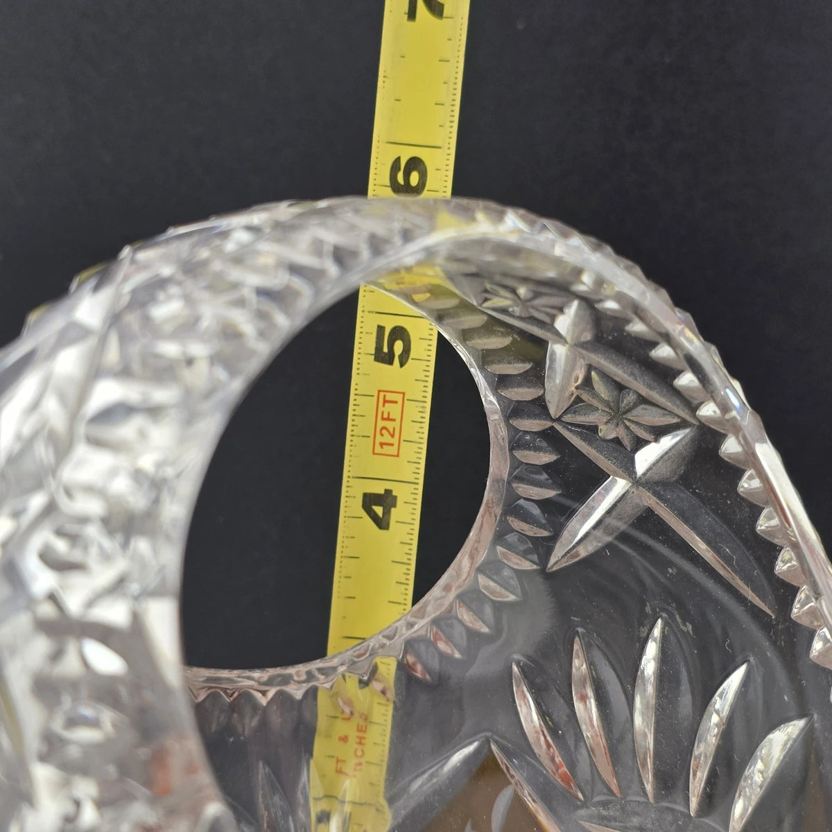Cut Crystal Basket Amber Cut to Clear Etched Floral Handled 6" Vintage