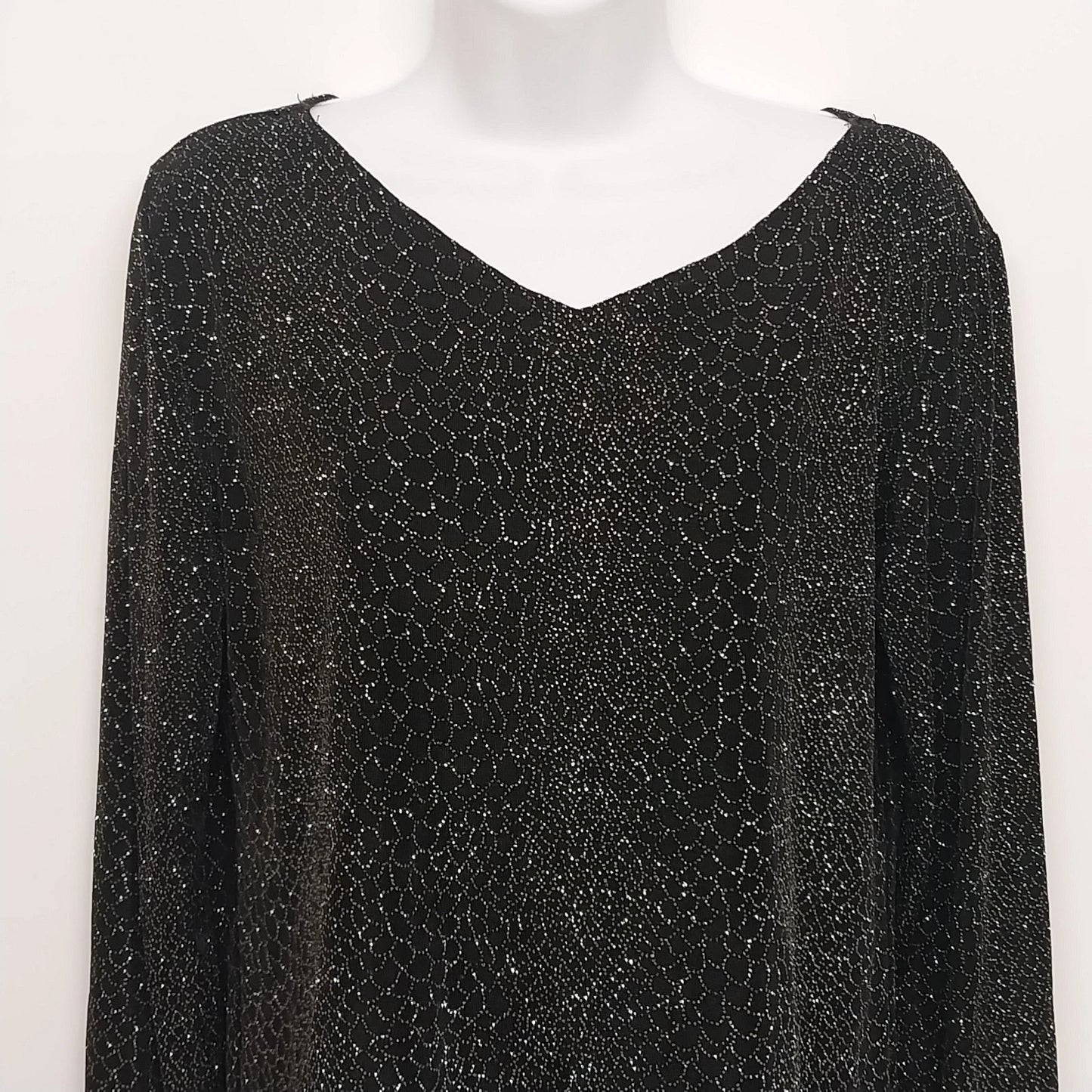 Claudia Richard Women's Black Silver Stud Glitter Top Large V-Neck Long Sleeve