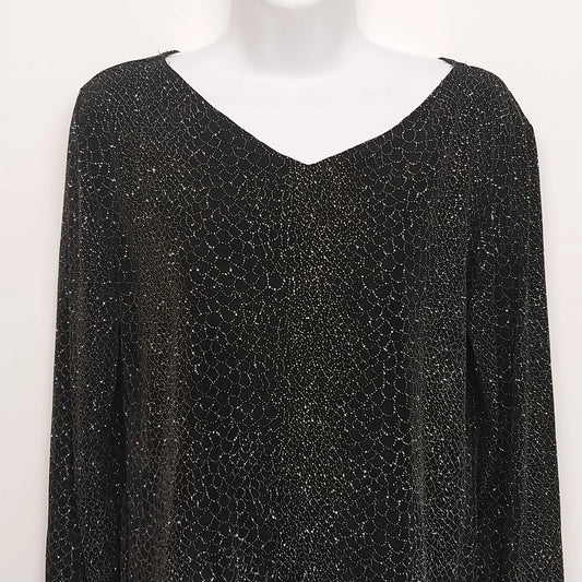 Claudia Richard Women's Black Silver Stud Glitter Top Large V-Neck Long Sleeve