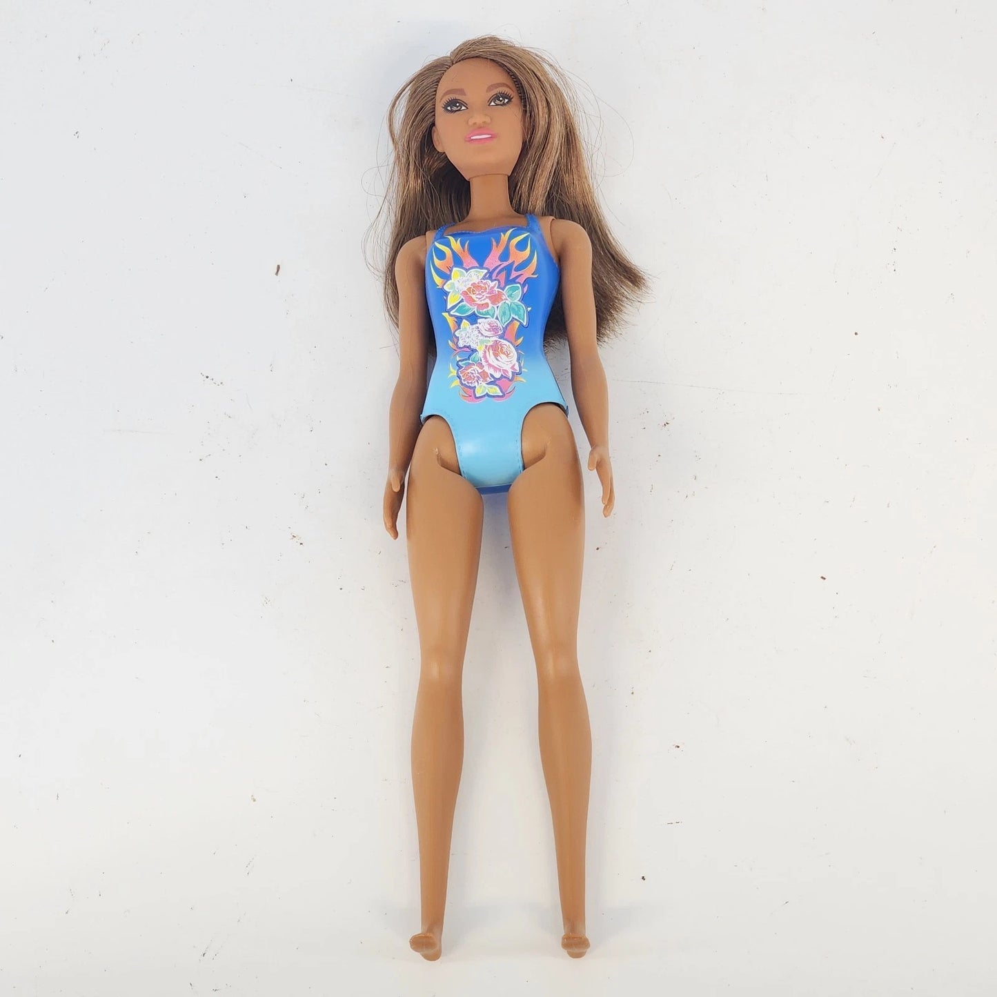 Barbie Beach Fashion Doll Brunette Blue Floral Swimsuit Mattel 2014