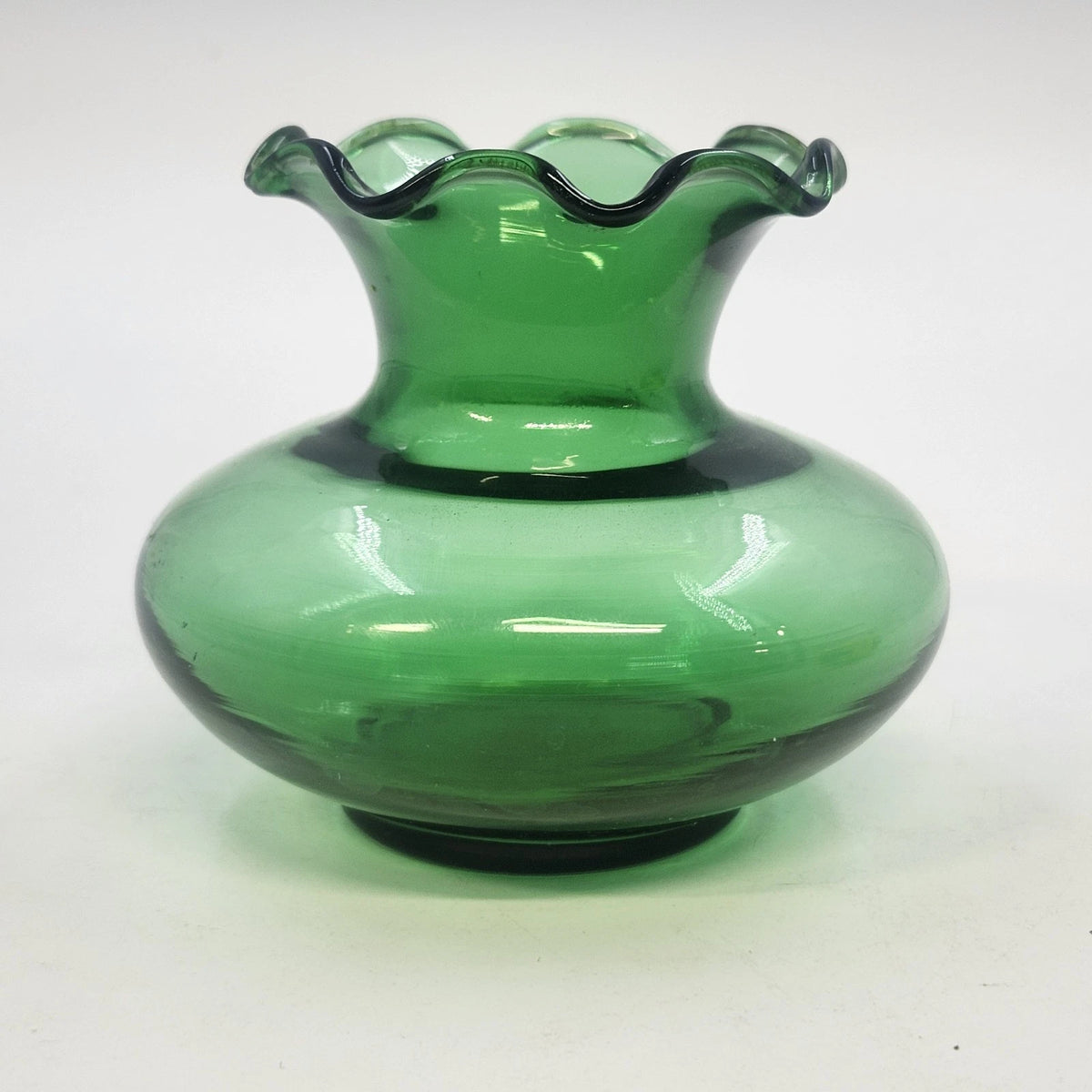 Squat Vase Transparent Emerald Green Art Glass 3.5" Ruffled Crimped Wide Rim Vtg