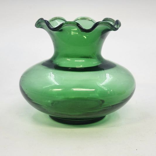 Squat Vase Transparent Emerald Green Art Glass 3.5" Ruffled Crimped Wide Rim Vtg