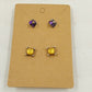 2 Pair Stud Earrings Gold Yellow & Silver Clear Purple Cube Stones