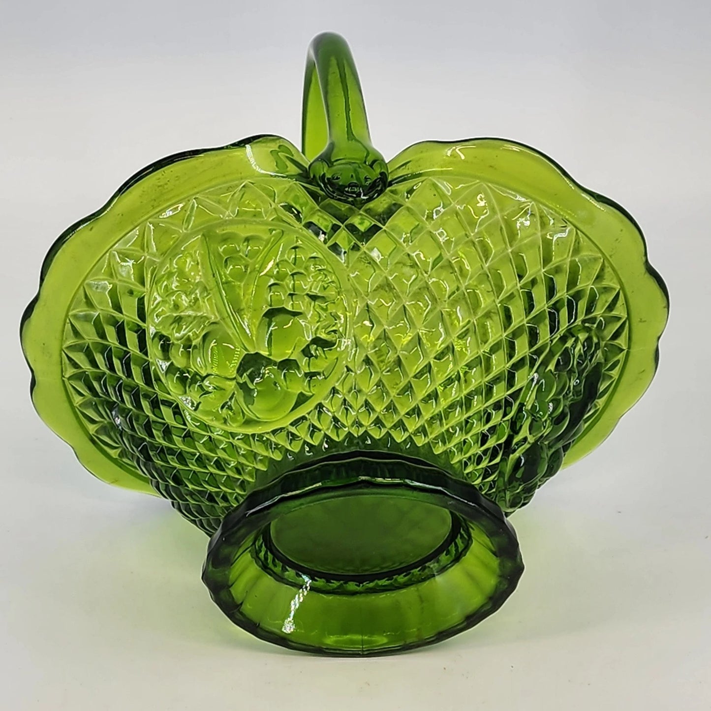 Vintage Fenton Green Glass Basket Diamond Fruit Ruffled Edge Bowl