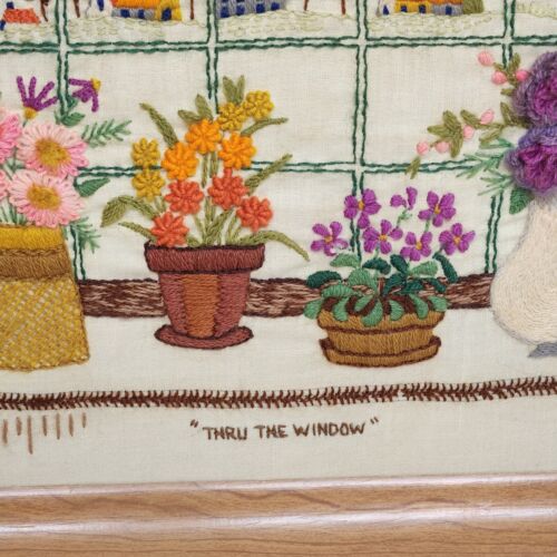 1970s Crewel Thur The Window Finished Framed Needlepoint Picture Vintage Yarn