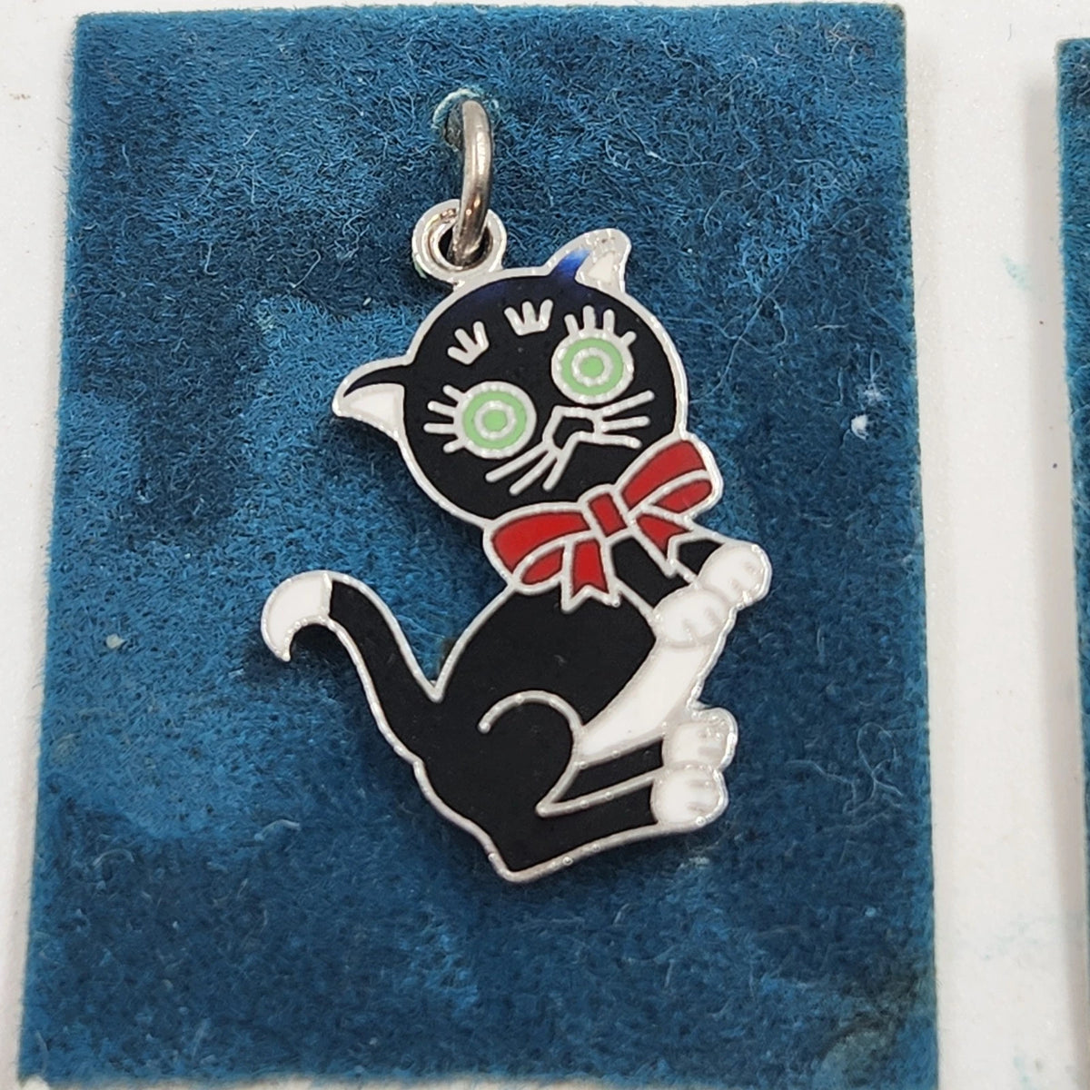 Sterling Silver Black Enamel Cat Charms Lot of 2 Green Eyes Red Bow Tie Vintage