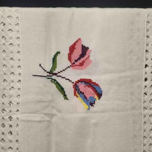 Vintage Tablecloth White Linen Embroidered Tulips and Cut Work