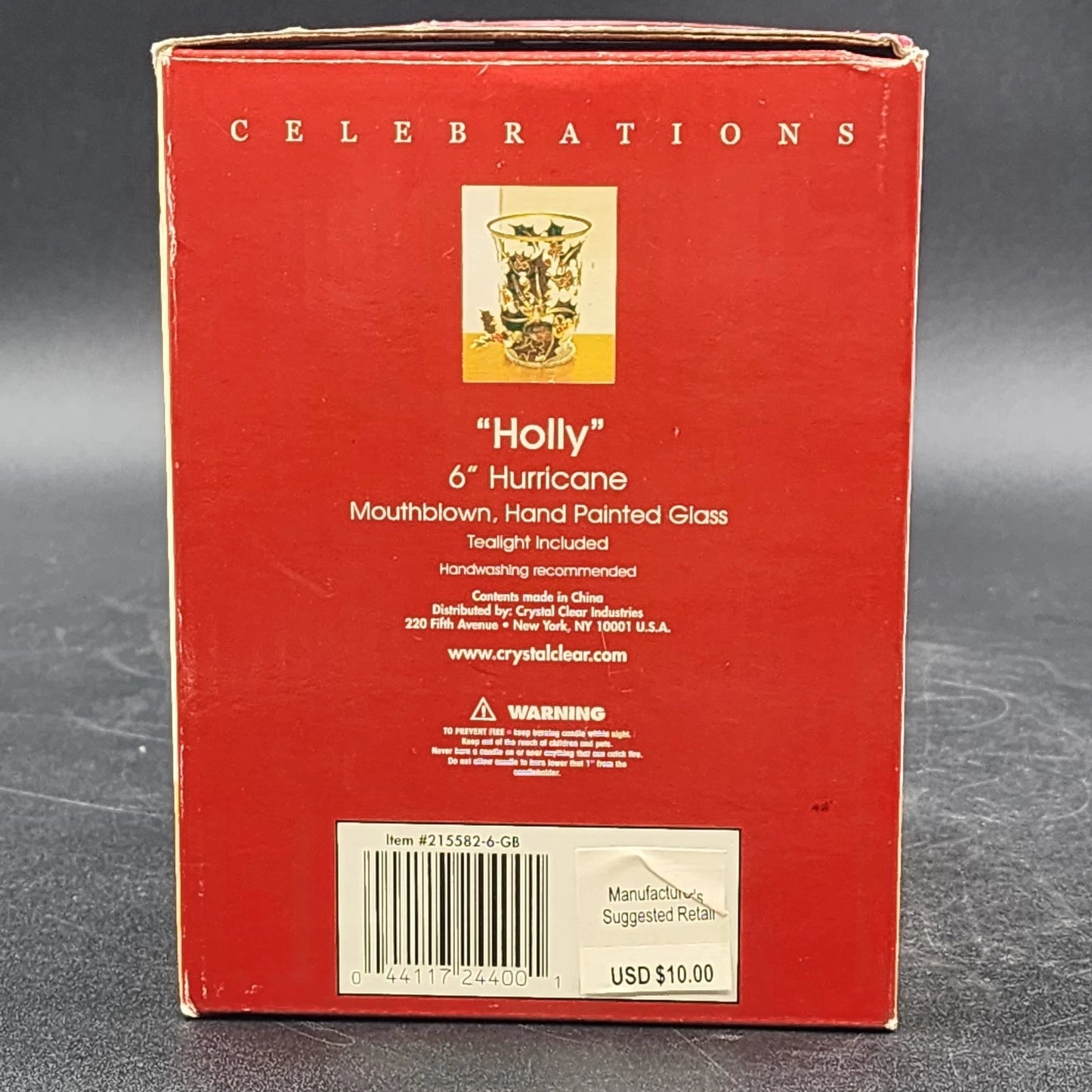 Celebrations Holly Tealight Candle Holder Clear 6" Hand Painted Hurricane Style