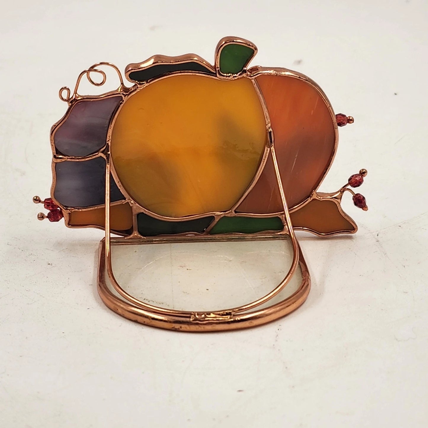 Stained Glass Pumpkin Tealight Holder Fall Apple Acorns 3D Decor Translucent Vtg
