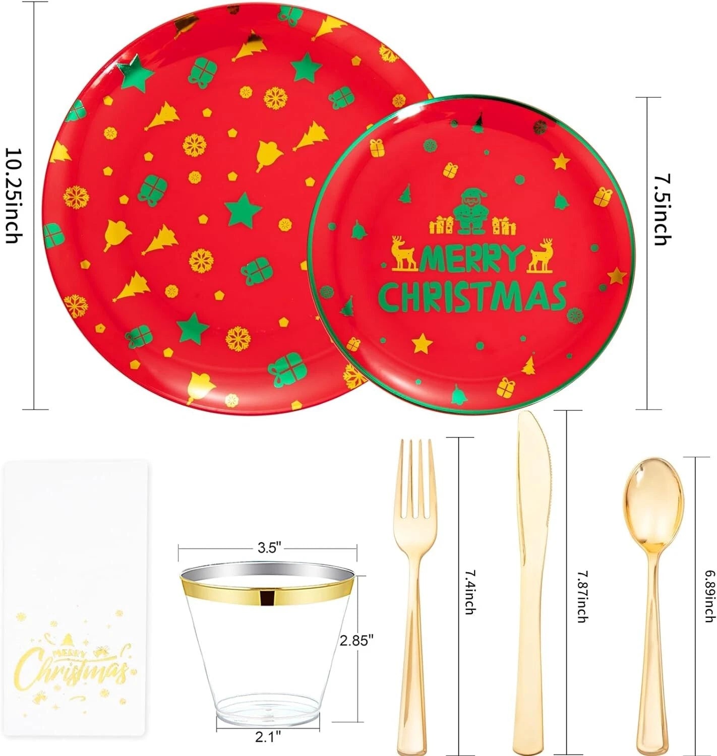 Rubtlamp 175-Pcs Red Gold White Plastic Christmas Party Dinnerware Set New China