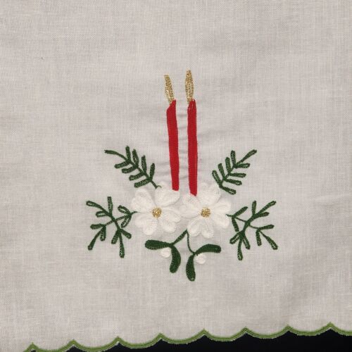 White Green & Red Christmas Table Runner with Candles & Scalloped Edges Vtg 34"