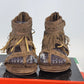 Bucco Nani Tan Wedge Sandals Gold Stud Fringe Zip Back Women 8.5 NWB