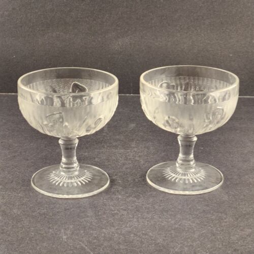 2 Jeanette Glass Iris & Herringbone Clear Stemmed Sherbet or Dessert Bowls