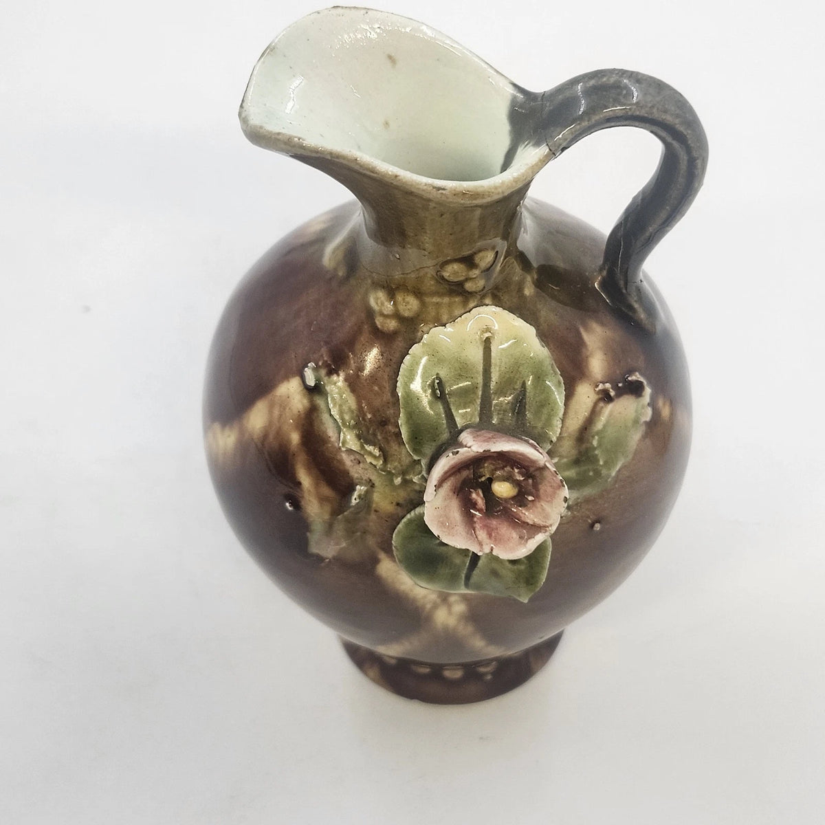 Pottery Pitcher 5" Brown Drip Glaze Hand Applied Floral Art Signed G. Wyand Vtg