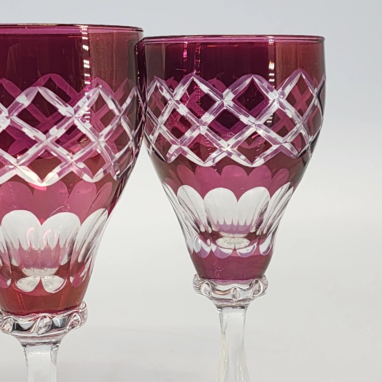 Ruby Cut to Clear Wine Glasses Set 2 Bohemian Hock Diamond Cut 6.75" Vintage