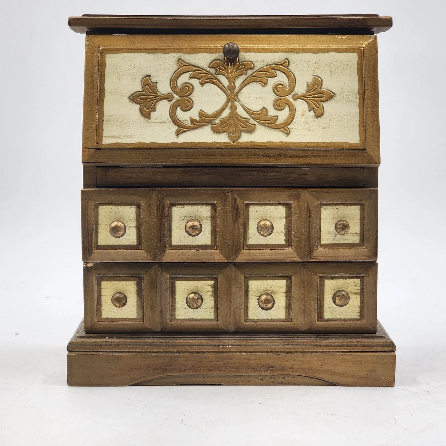 Musical Jewelry Box Wood Wind Up Hinge Top Desk 2 Shelves & 2 Drawers Gold Works
