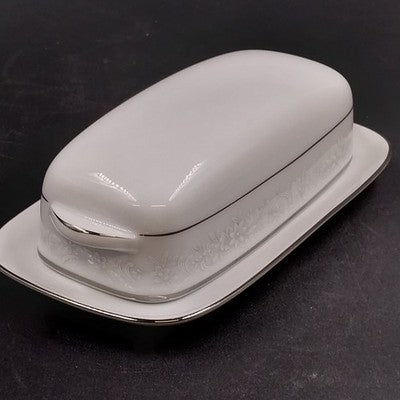 Noritake Cumberland Covered Butter Dish 8" White Floral Platinum Trim Vtg