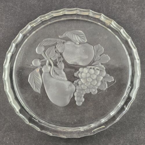 Val St Lambert Crystal Wine Bottle Trivet Intaglio Fruit Design Belgium 6" Vtg