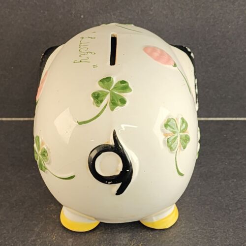 Enarco Japan Lucky Piggy Bank Ceramic Vintage 1960s White 4 Leaf Clover Stopper