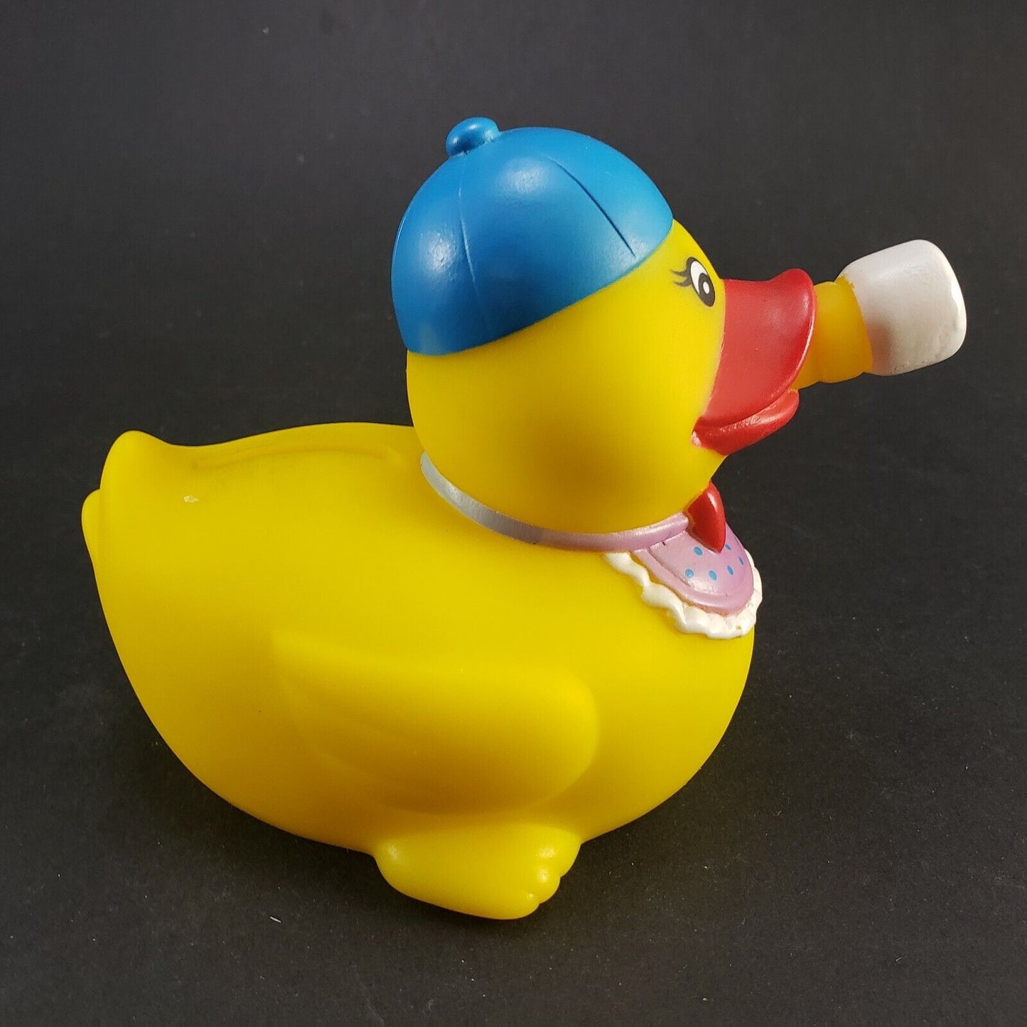 Rubber Ducky Coin Bank Plastic Yellow Baby Duck Ballcap Bib Bottle Bowtie