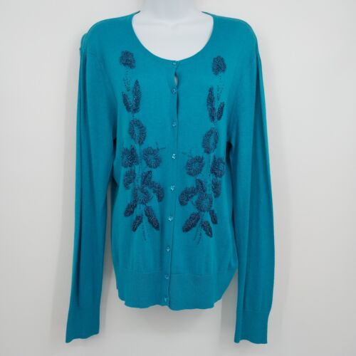 Vertical Designs Blue Sweater Cardigan Button Long Sleeve Beaded Floral Large