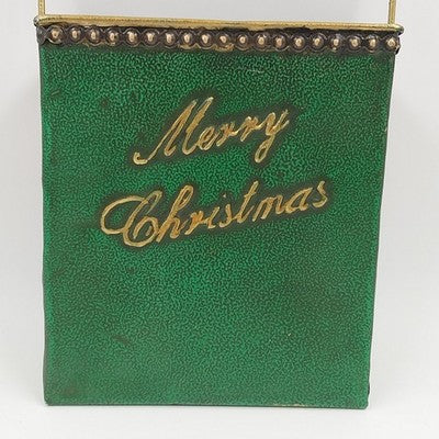 Merry Christmas Metal Box Wedge-Shaped Designed to Hold Christmas Cards 7x3x8"
