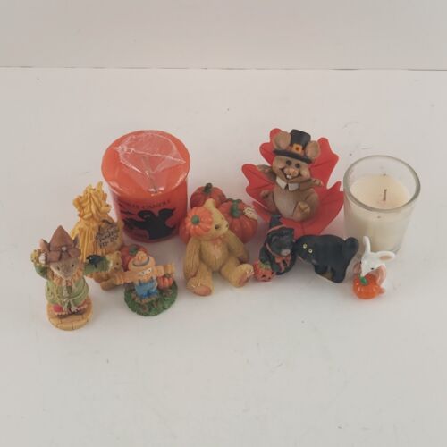 10 Piece Halloween Miniature Figures w 2 Candles Plus Bears Mice Cats Scarecrow