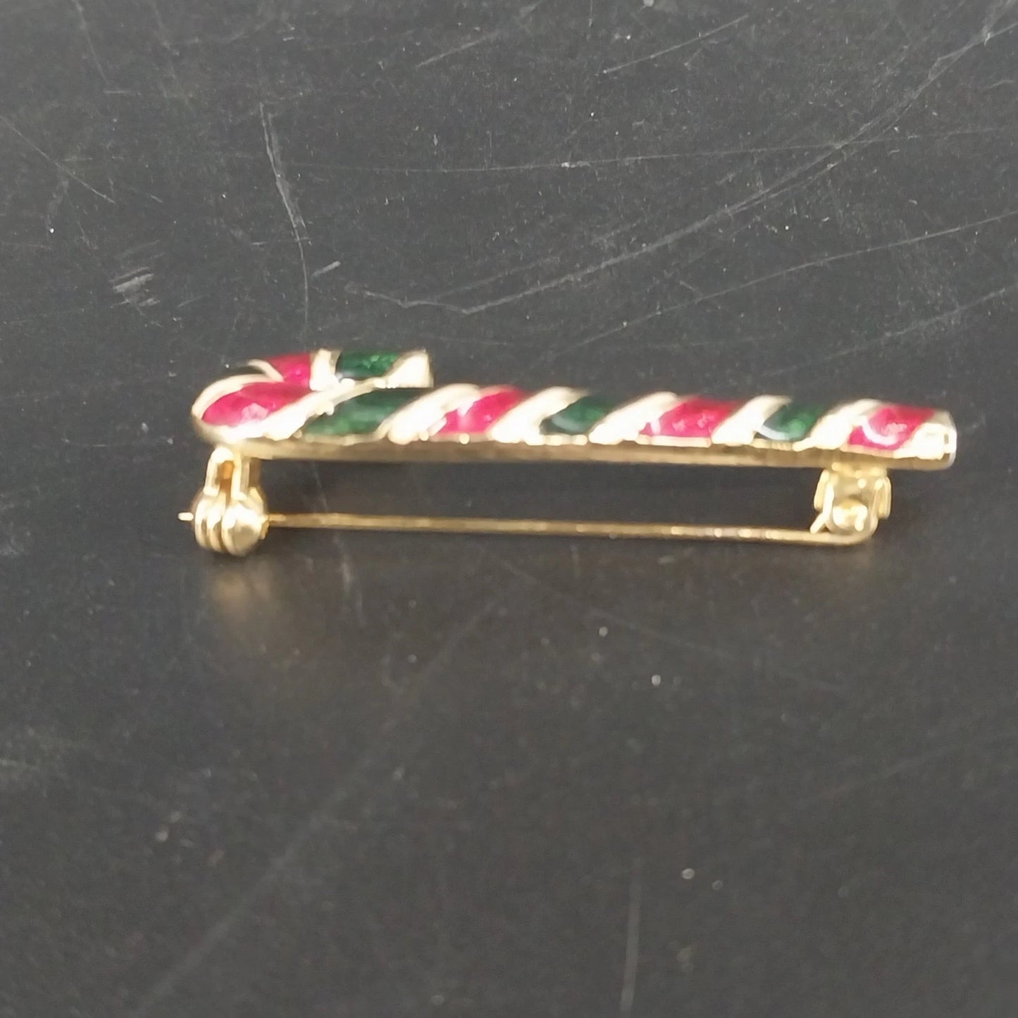 Candy Cane Christmas Brooch Pin Gold Tone Red Green Enamel 2" Holiday Vintage