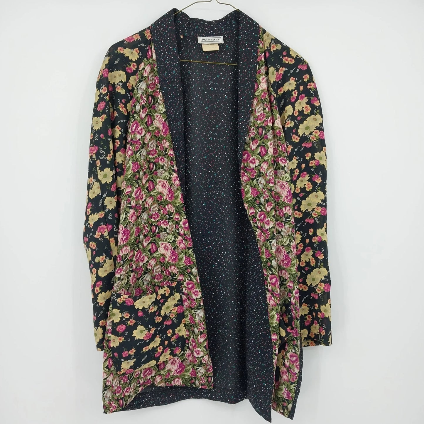 Mirrors Women's Medium Floral Open Front Cardigan Jacket Black Pink Pockets