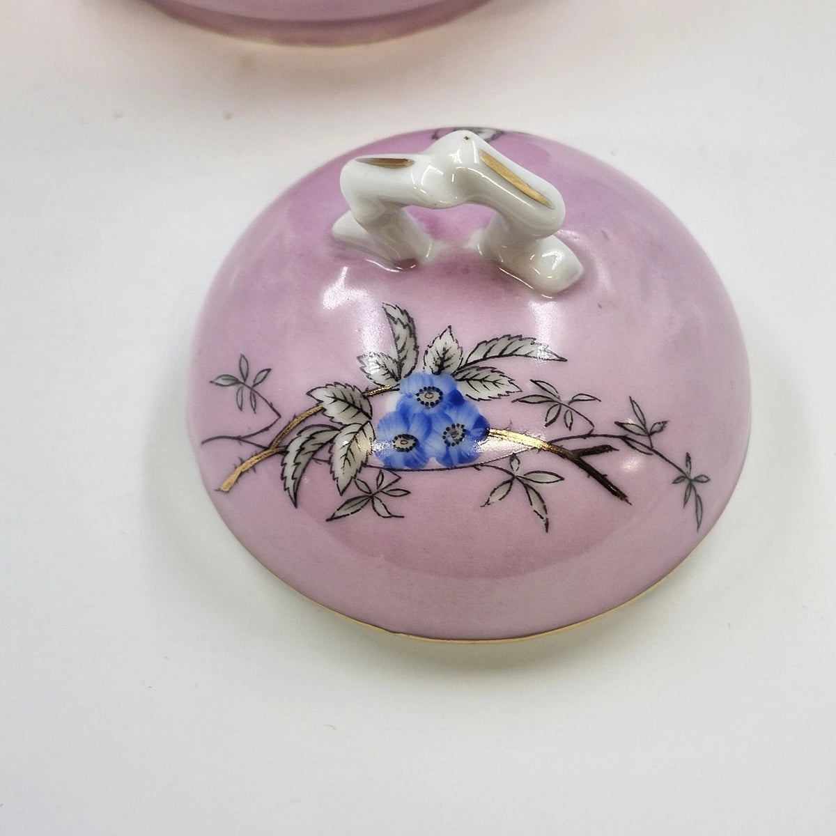 Pink Porcelain Biscuit Cookie Jar Bowl Covered Butterfly Birds Transfer Vintage