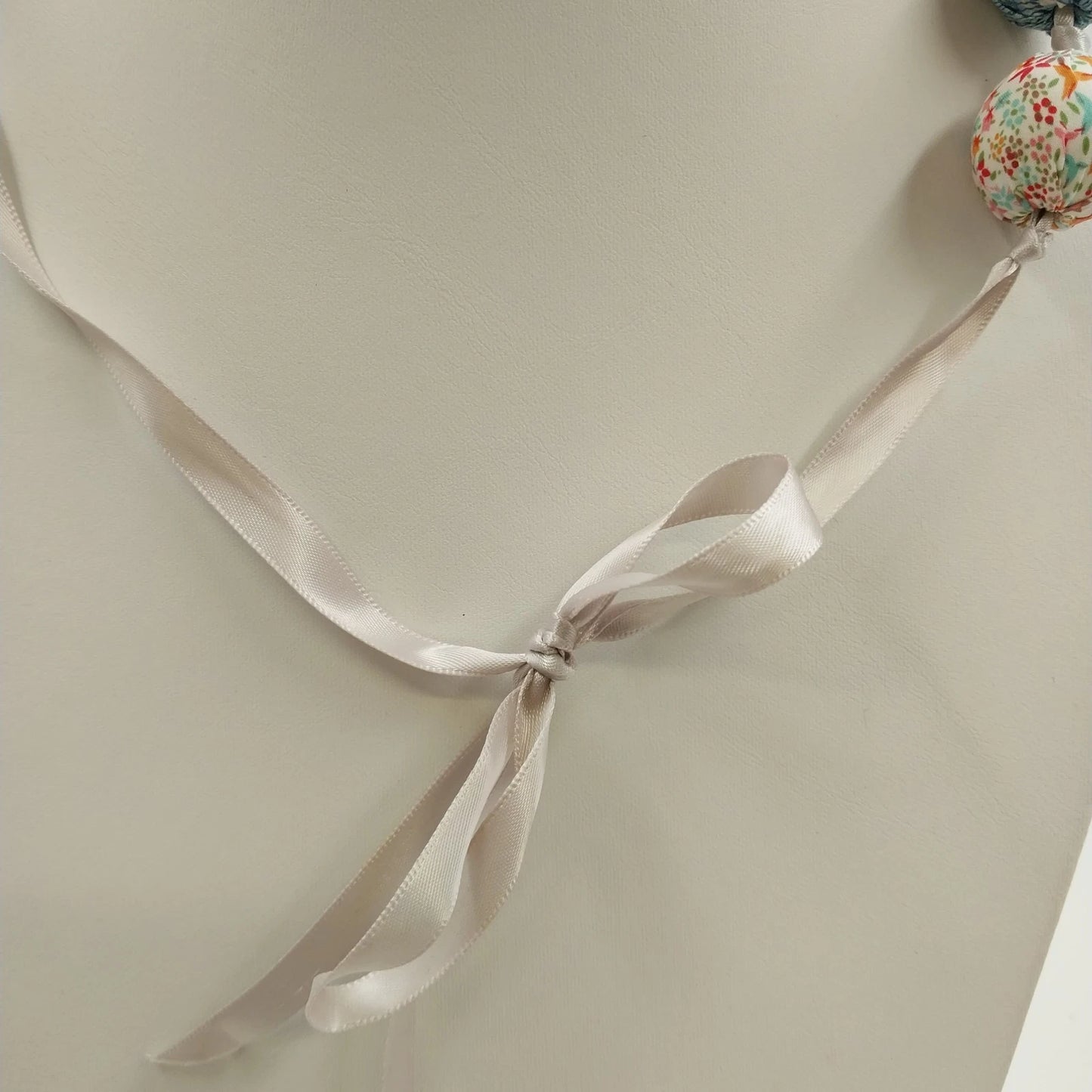 Multicolor Fabric Covered Beaded Boho Necklace Adjustable Satin Ribbon Tie