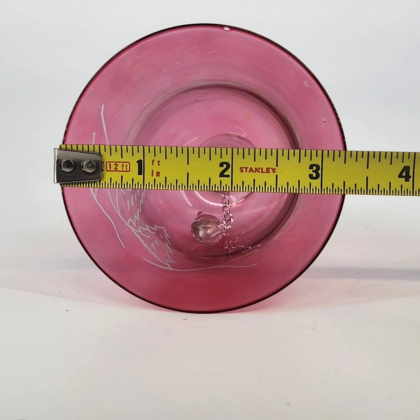 Sickles Cranberry Glass Bell Etched Winter Pine Trees Hills Clear Handle 6" Vtg