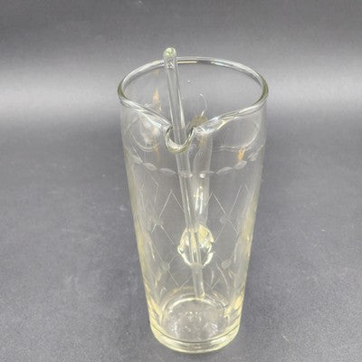 Etched Clear Glass Martini Pitcher 1 Qt w/ Stirrer Fused Handle 8"