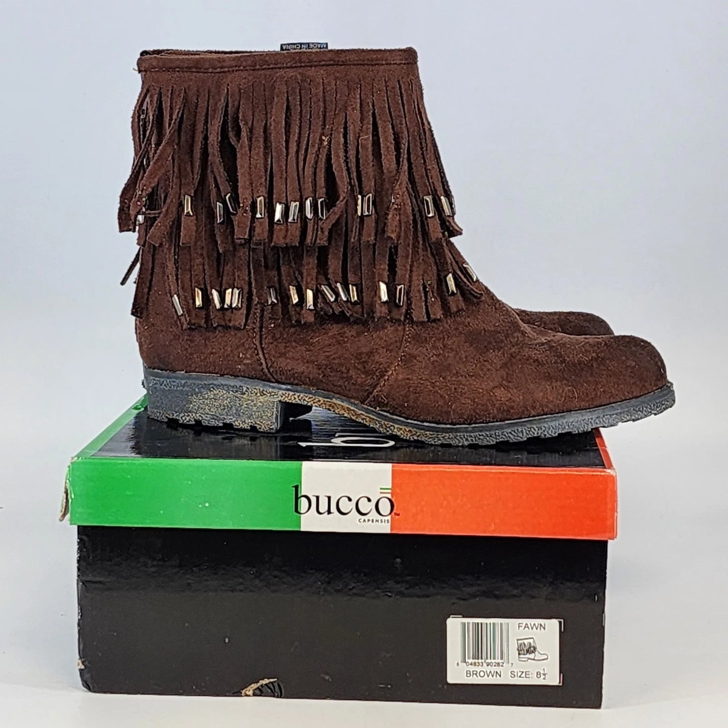 Bucco Capensis Fawn Ankle Boots Brown Faux Suede Studded Fringe Women 8.5