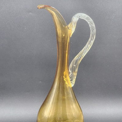 Italian Amber Glass Decanter & 6 Cordials Twisted Stems Clear Handle Vtg Elegant