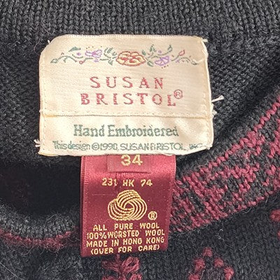 Susan Bristol Black Wool Sweater Hand Embroidered Size 34 1990s