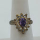 Gold Tone Purple Teardrop Halo Ring w Clear Rhinestone Adjustable Size 7 Jewelry