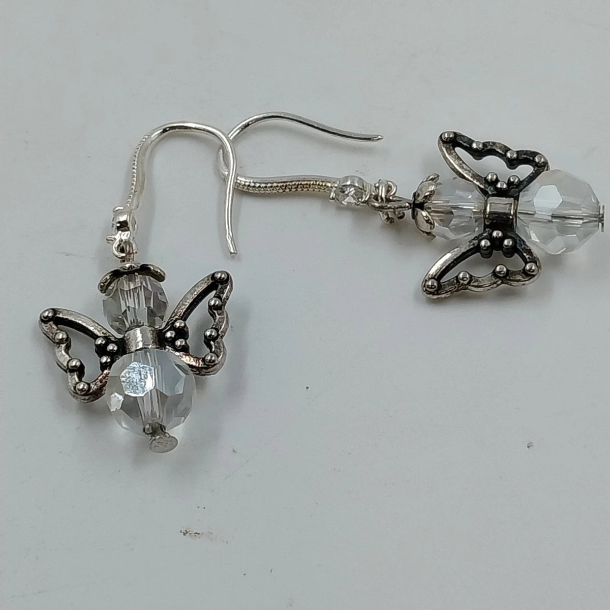Silver Tone Angel Wing Dangle Earrings Clear Faceted Beads French Hook Jewelry