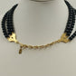 1928 Brand Three Strand Round Black Beads w Gold Tone Enamel Necklace Jewelry